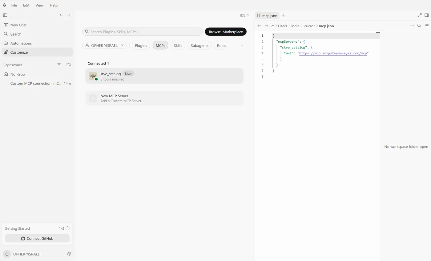 Cursor: stye_catalog listed under Connected with its tools enabled, and the completed mcp.json beside it