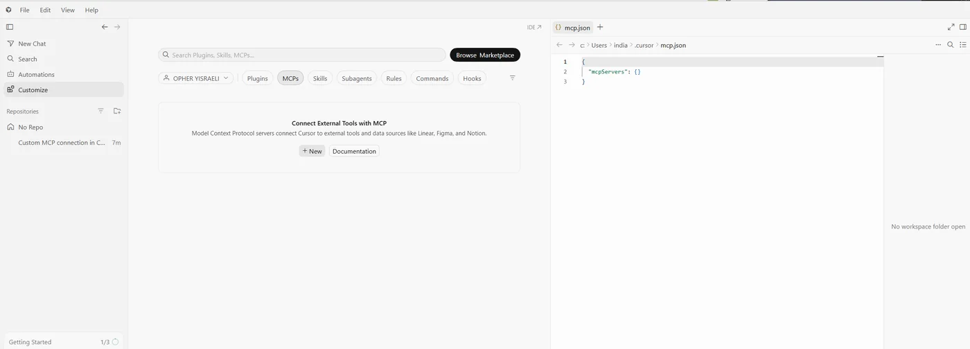 Cursor opens mcp.json beside the MCPs tab; the server goes inside mcpServers