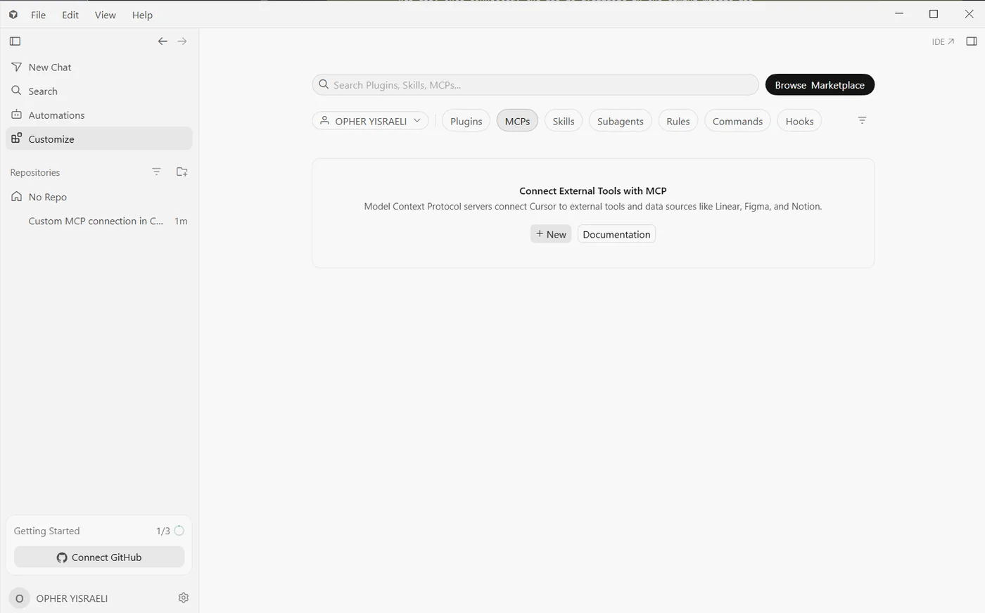 Cursor: Customize, then the MCPs tab, then + New